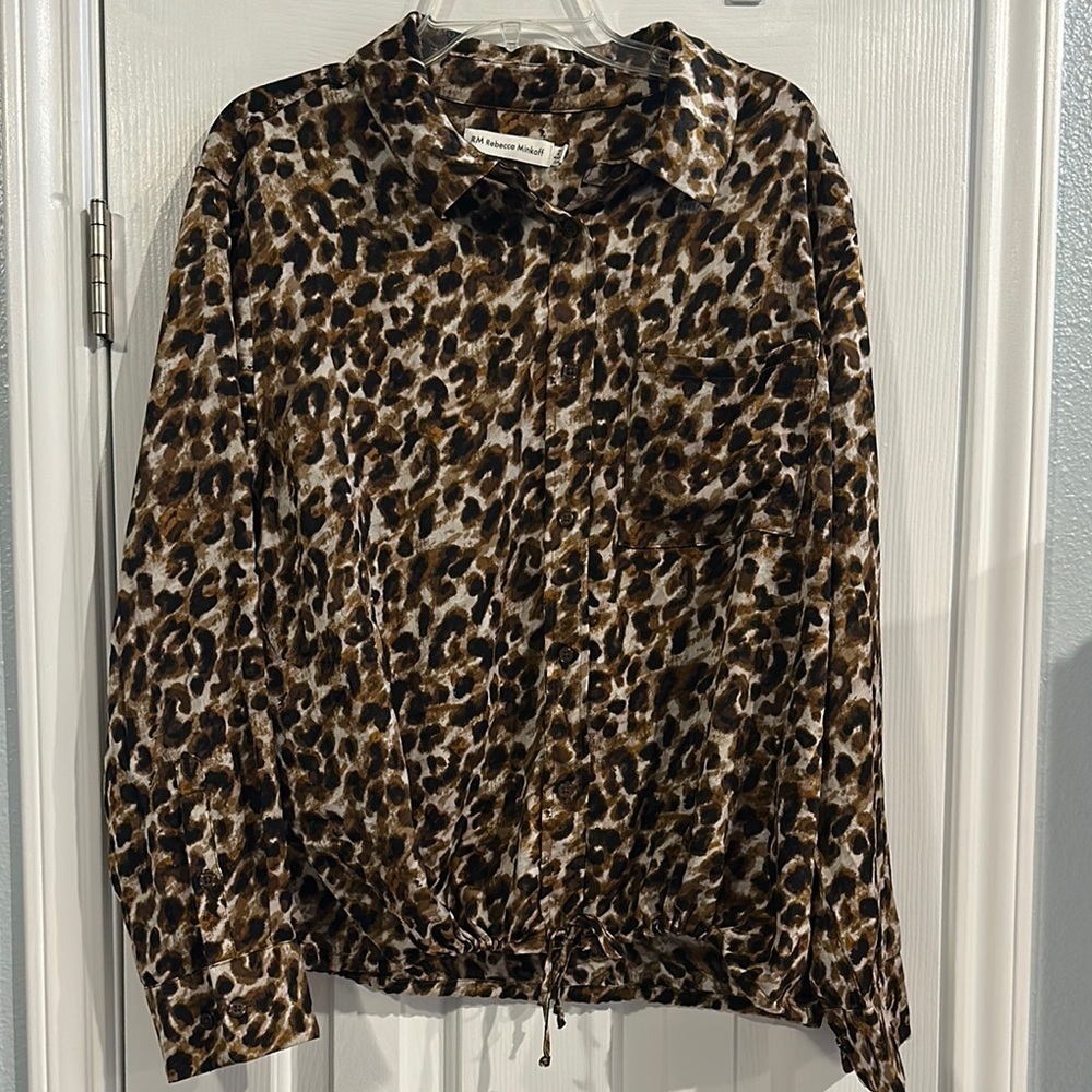 Rebecca Minkoff Animal Print Satin Long Sleeve Blouse Women’s 2X Drawstring Hem